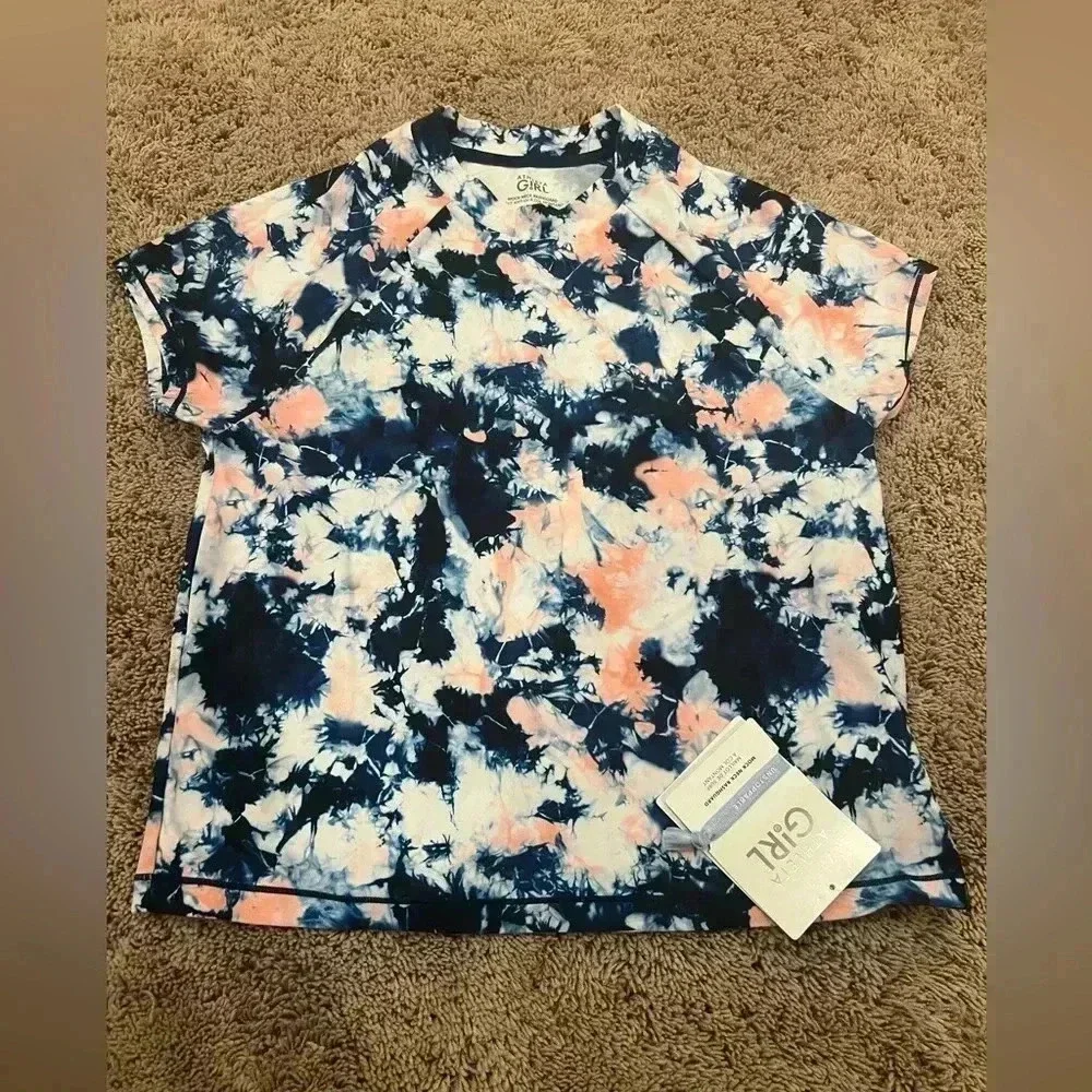 NWT new athleta girl mock neck rashgaurd swim top xxl 16 festival tie dye blue